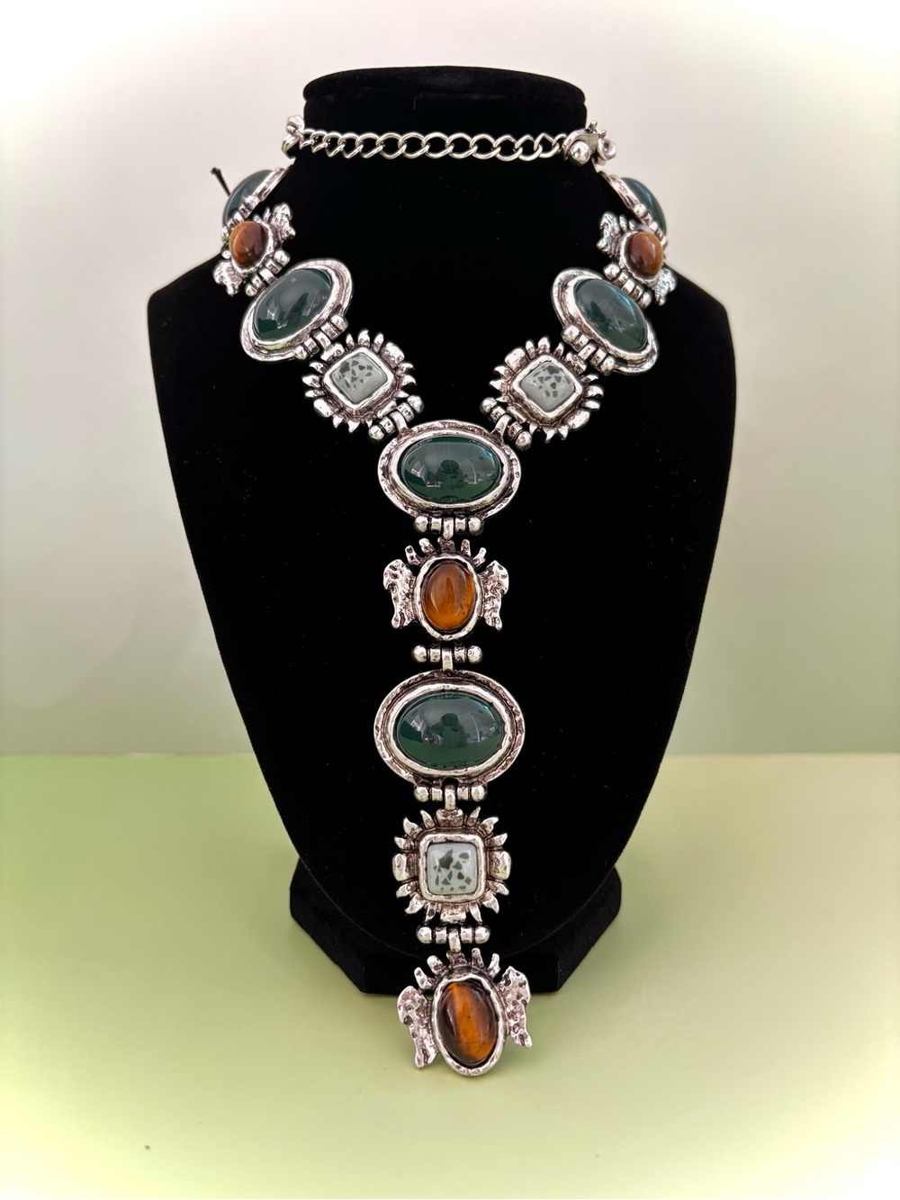 Green and Amber Stone Silver-Tone Statement Necklace - Women Jewelry